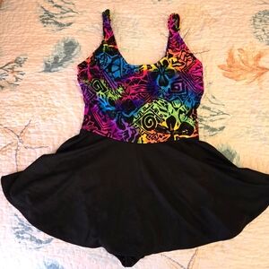 1 piece bathing suit, size 13/14, in black/multi color. By Sea Fair